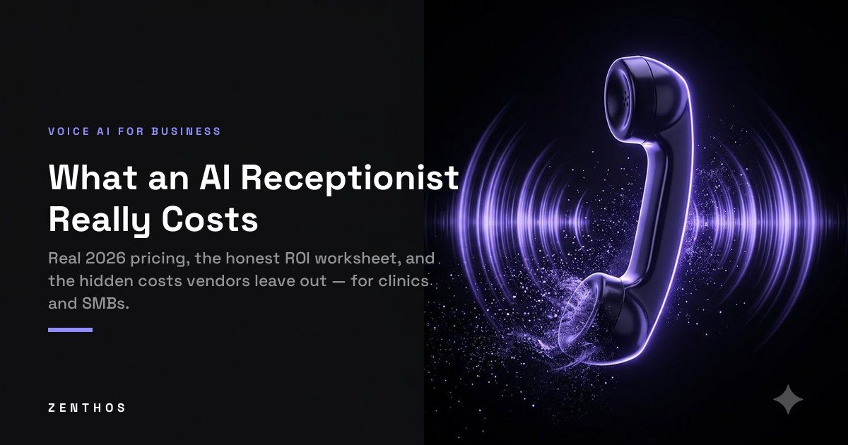 Telephone handset radiating violet soundwaves — AI receptionist cost and ROI guide cover