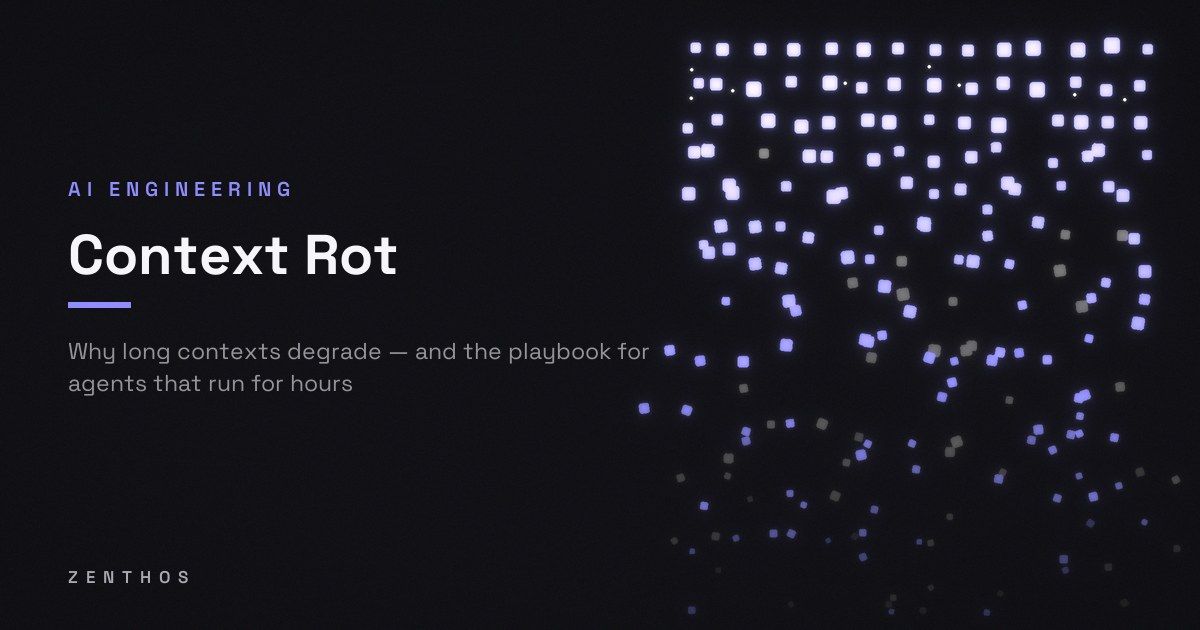Context rot - an orderly grid of glowing tokens dissolving into scattered noise