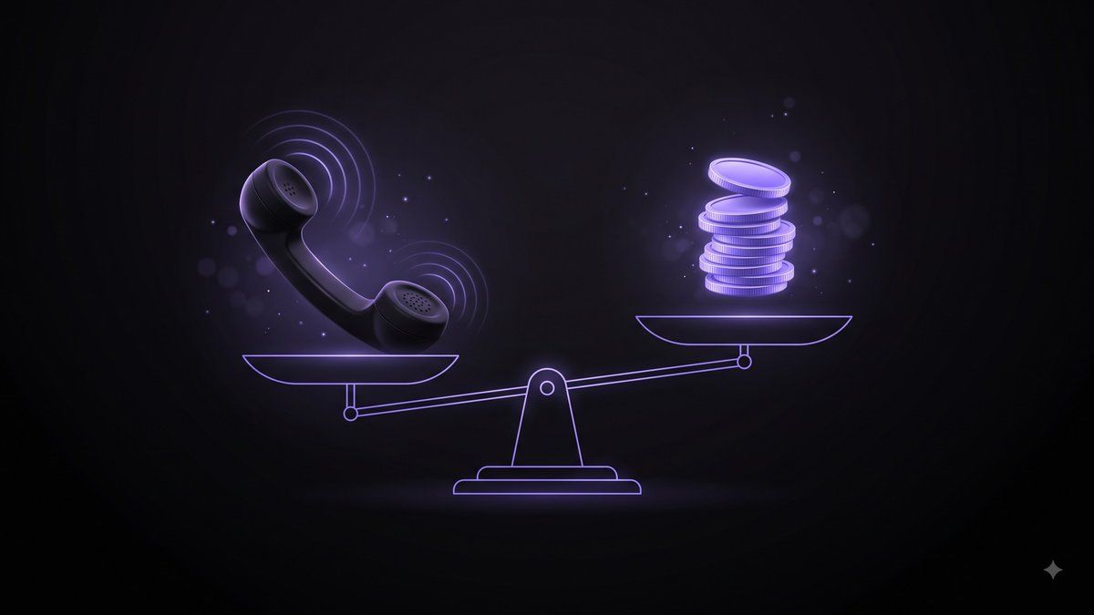 Balance scale weighing a telephone handset against a stack of coins — the honest AI receptionist ROI math