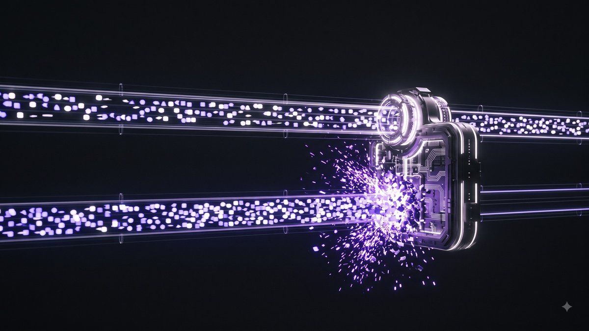 Two streams of glowing data packets racing toward a junction gate, one stream bursting into violet sparks against the closed gate